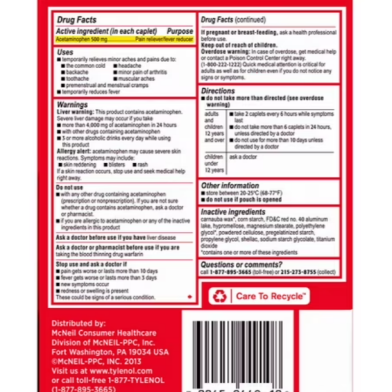 Tylenol Extra Strength, 500 mg. Acetaminophen, 2 caplets/pk., 50 pk