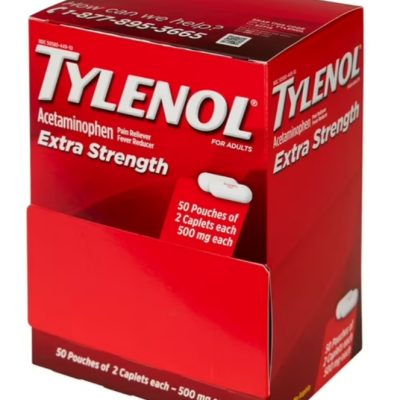 Tylenol Extra Strength, 500 mg. Acetaminophen, 2 caplets/pk., 50 pk