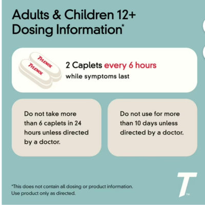 Tylenol Extra Strength, 500 mg. Acetaminophen, 2 caplets/pk., 50 pk